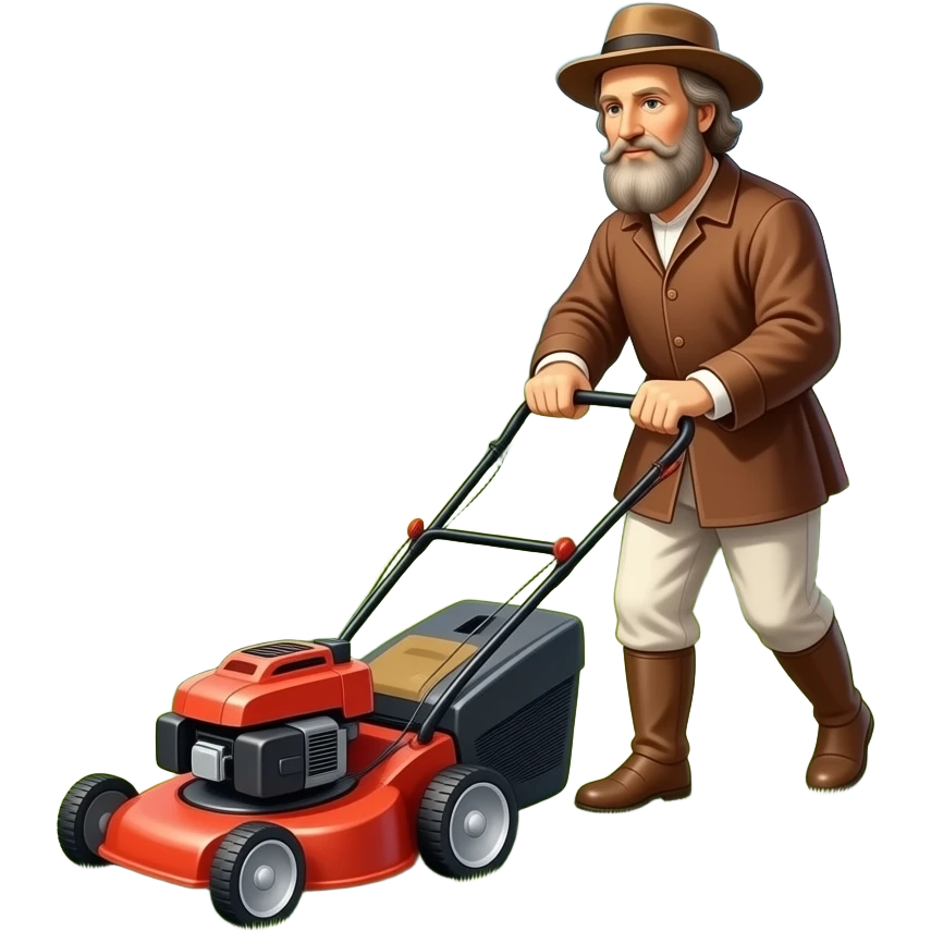 Leonardo da Vinci mowing the lawn with a lawn mower emoji