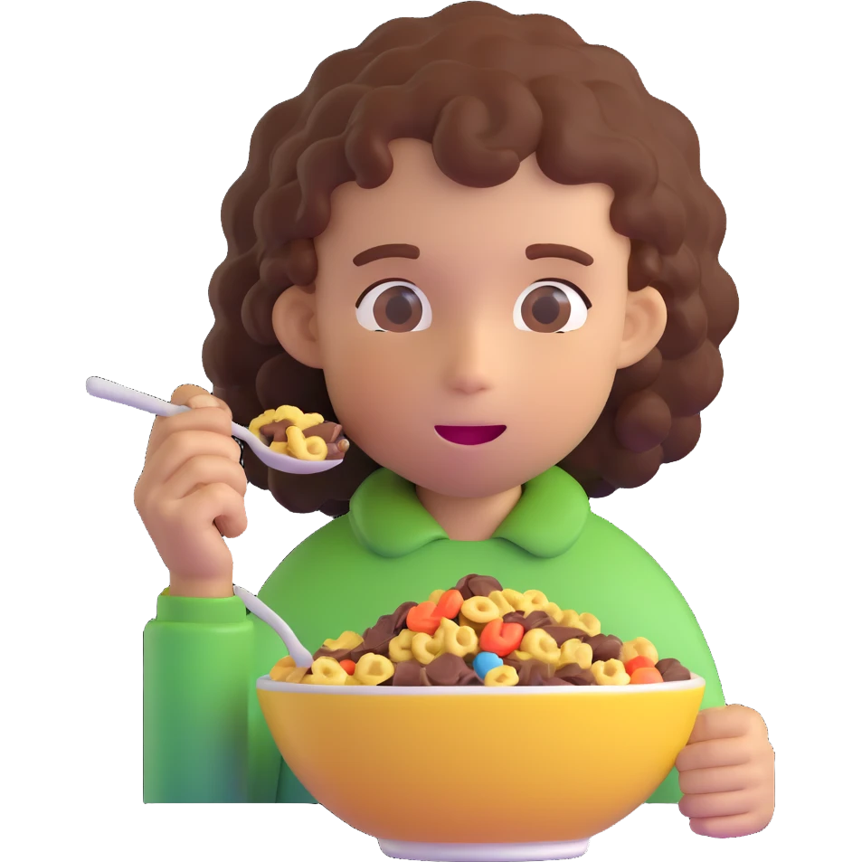 kid with curly hair eating chocolate cereal emoji