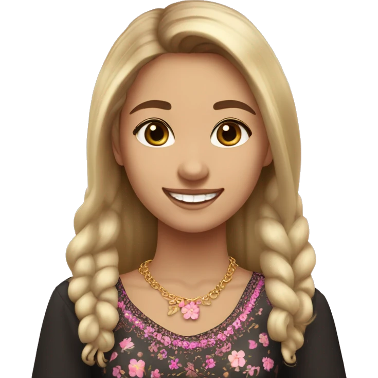 Slavic girl, light skin, brown eyes, black-to-blonde ombre straight tail, smiling with teeth, wearing beautiful blouse with a folk pattern of small pink flowers, a gold necklace. emoji
