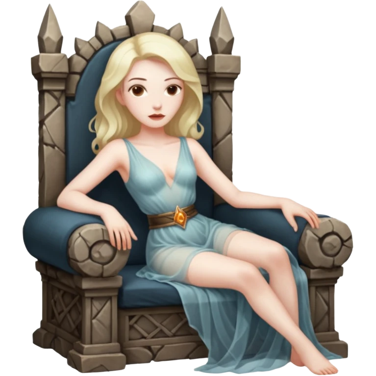 Woman reclining on a stone throne, sheer fabric, torchlight, dangerous emoji