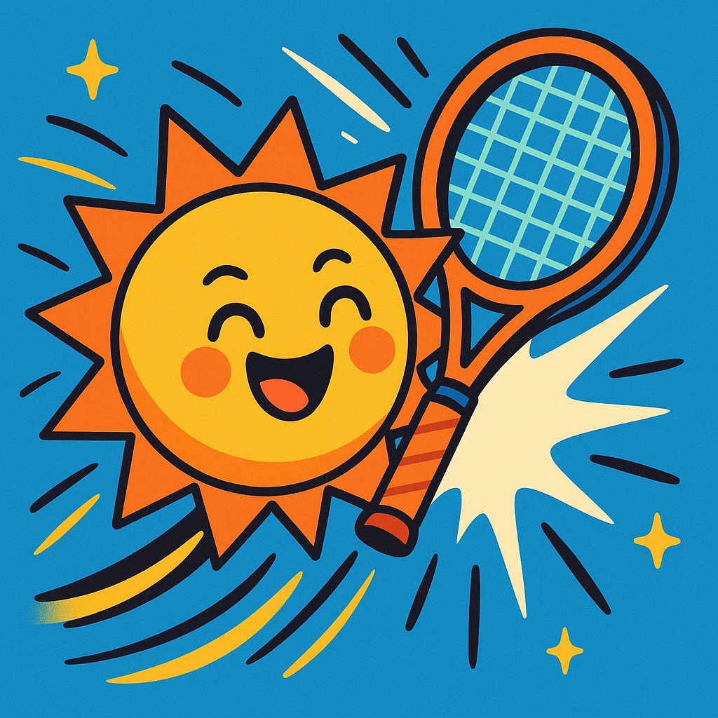the sun being hit by a tennis racket, energetic, fun, vibrant cartoon style emoji