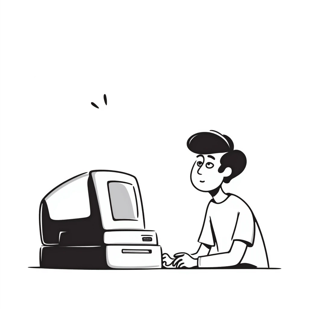 A young guy with a confused expression staring at a vintage desktop computer with bulky CRT monitor and old tower emoji
