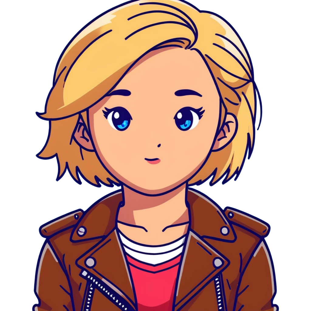 14-year-old girl with choppy blonde hair, armpit length, shortest at mouth, middle part, light freckles, blue eyes, defined cupid's brow, tight dark red top, brown leather jacket, necklaces emoji