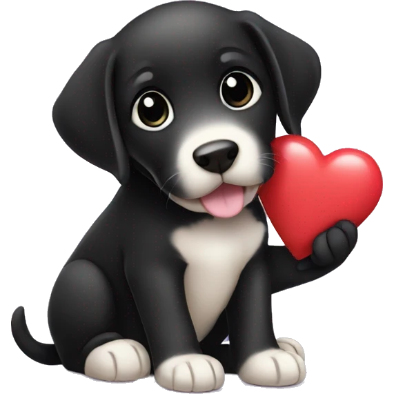 sitting black labrador puppy is holding a heart emoji