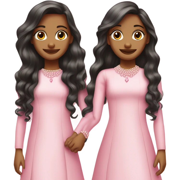 two teenage Latina twins. pink. Long hair. Pink bows. Pearls. Light pink. Diamonds dress. emoji