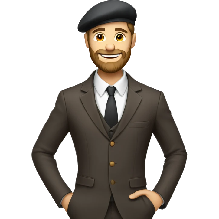 beautiful man, suit, brown beard, white skin, smile, beret hat, full-body (slim) emoji