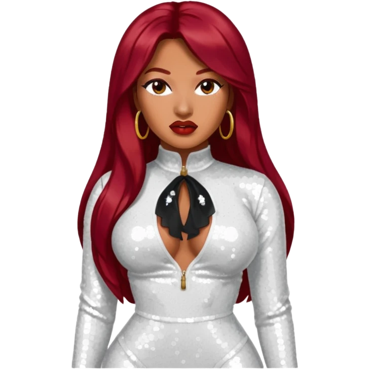 Megan Thee Stallion with long dark red hair, white sequin outfit emoji