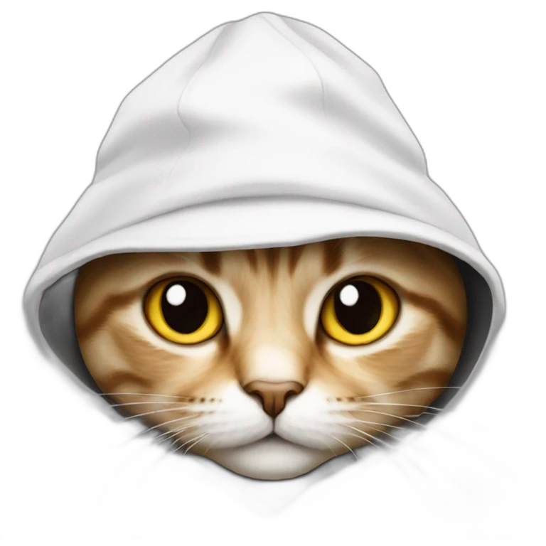 cat wearing a black hat under hood and a white hoodie with the hood up emoji