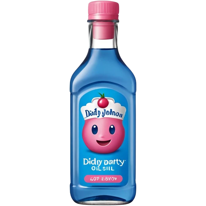 bottle of oil blue top pink outside with logo that says Diddy Party oil Johnson and Johnson  brand with a smiling berry on top emoji