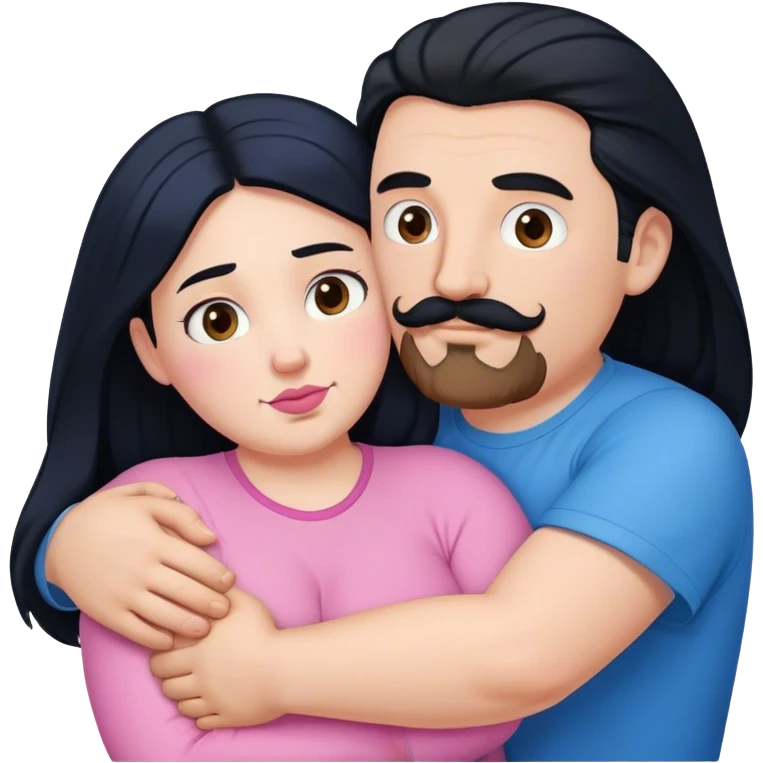 Tall strong white man with brown mustache goatee wearing blue hugging a chubby short pale woman with long black hair wearing pink emoji