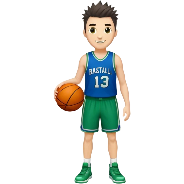 Full Body heavy tall white male with dark short spike hair basketball player wearing blue green uniform smiling emoji