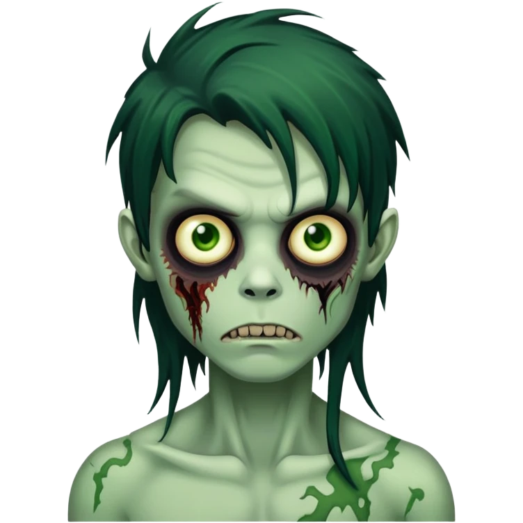 brunette zombie boy with horror green skin and long messy black hair emoji