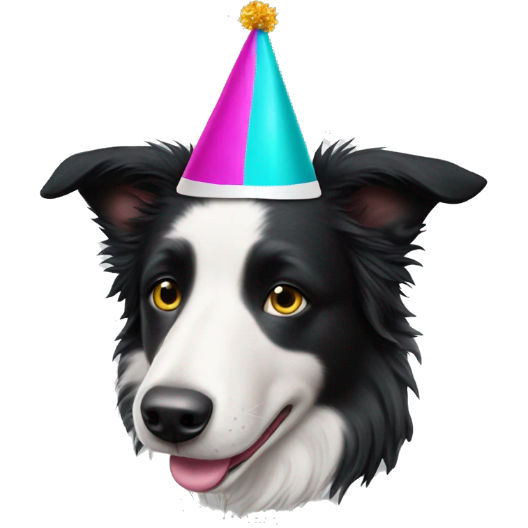  The Australian Border Collie has a face that is half black and half white and is wearing a party hat. emoji