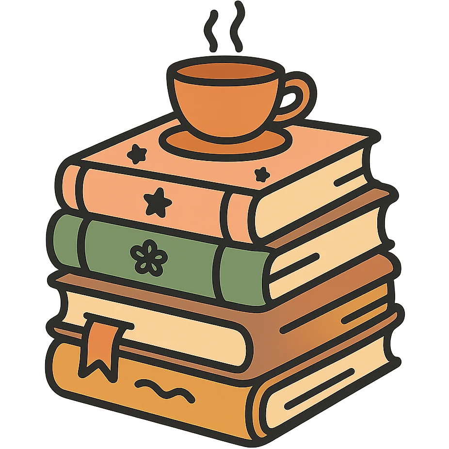 A cute stack of books with a cozy and magical vibe, each book bound in soft, harmonious colors: golden orange (FA9B41), forest green (4A7C5C), warm taupe brown (96775A), and pastel peach (FFCC9A). The books are slightly worn with rounded corners and decorative covers featuring tiny stars, floral motifs, or whimsical patterns. A ribbon bookmark peeks out from one, and a small cup of tea or magical trinket rests on top of the stack. The lighting is warm and gentle, with a dreamy, storybook feel. The overall scene feels inviting, charming, and gently enchanted. emoji