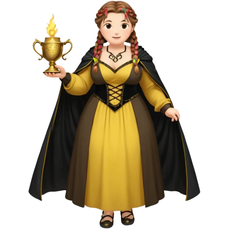 Helga Hufflepuff,brown-haired,2 braids,yellow-black medieval open dress,deep neckline,fat macromastia,black cloak decorated with gold braiding,gold cup with two handles,wand,very kind smile,curvy busty sweet woman,round rosy cheeks,full length with medieval shoes emoji