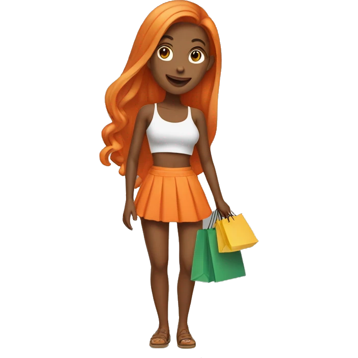 Tan girl with long orange hair wearing a mini skirt and crop top outfit holding shopping bags emoji
