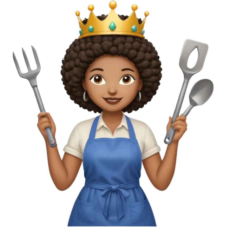 Mujer curvy afro, con vestimenta cómoda y delantal,con una corona sobre su cabeza y sonrisa contagiosa. En la mano herramientas de trabajo pesado emoji