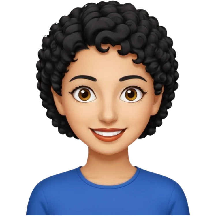 30 year old iranian woman very short curly black hair, big brown eyes, tanned skin, big smile, white teeth, pretty, stylish, shorter hair, boy cut hair, nice clothes emoji