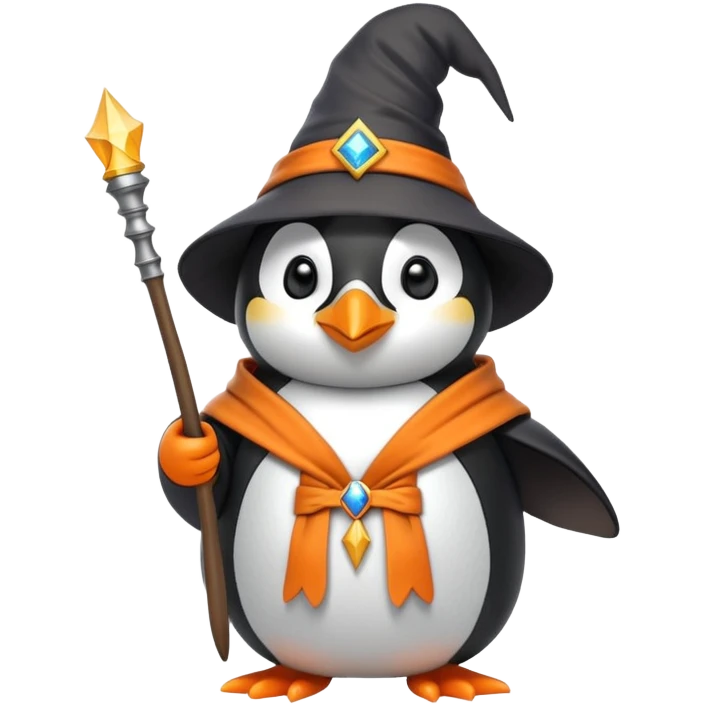 Penguin wearing a wizard hat and robe holding a magic wand emoji