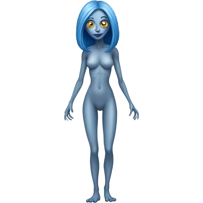 a grey alien woman full body,blue hair emoji