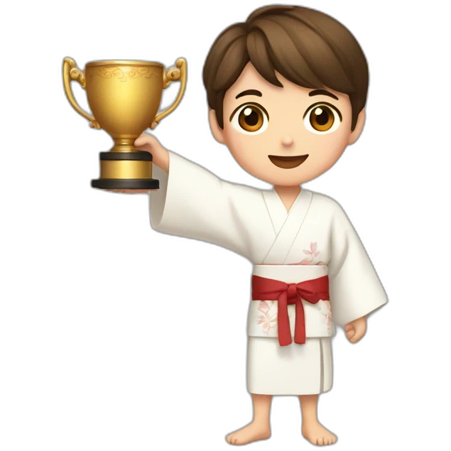 a 12-year-old boy with brown hair in a white kimono holds a prize cup with two hands emoji