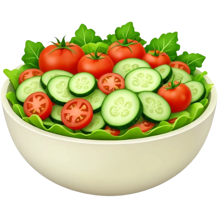 Salads avatar in clean emoji-style illustration. Fresh salad bowl with greens, tomatoes, cucumber, bright green tones, simple shapes, flat design, high contrast, light and healthy. emoji