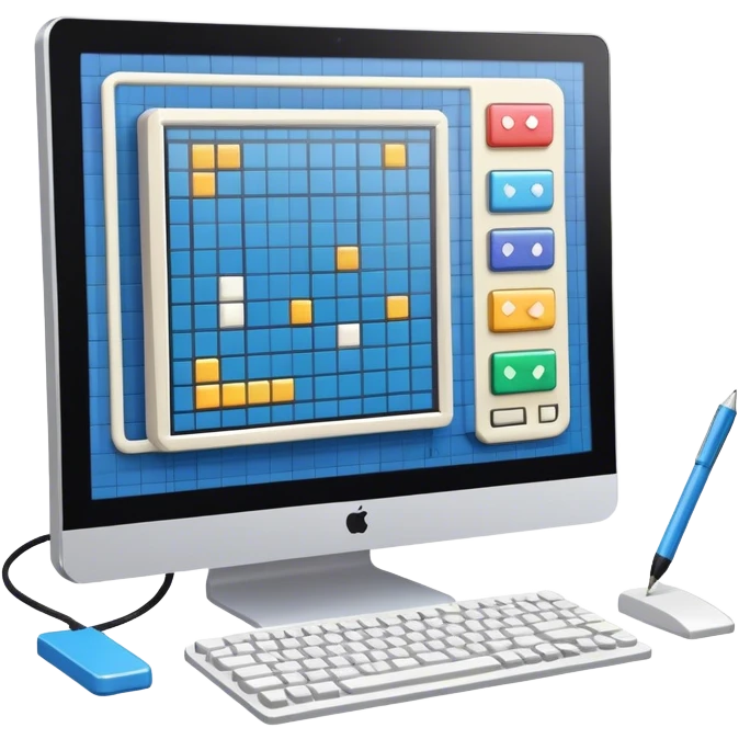 Emoji for Game Design: computer screen with Professional game development interface, 3D models, pixel art and design tools like grid, wireframe, and stylus. Symbolizes the technical and creative process of game development. Transparent background. emoji
