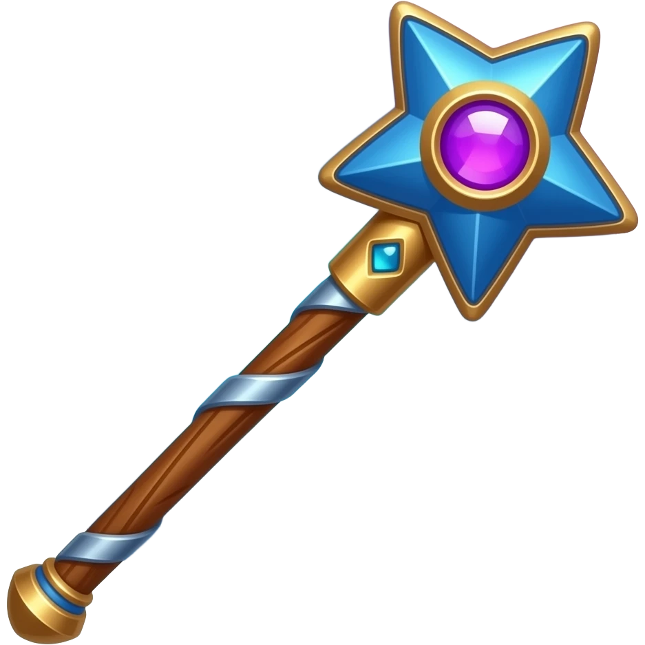 fantasy wand emoji, wooden staff, metallic accents, blue star head with glowing purple gem, soft magical glow, simple stylized 3D, centered on blue gradient background emoji