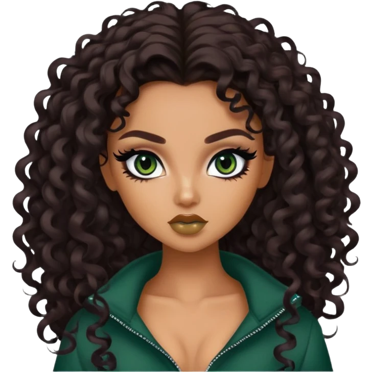 curly long dark brown hair, tan skin,  dark green iris, pretty bratz baddie, black eyeliner emoji