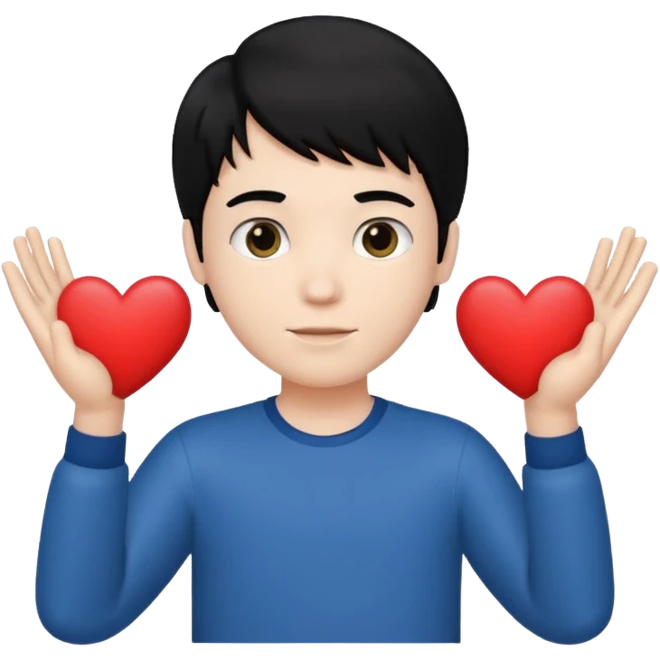 White boy with black hair holding up heart hands emoji