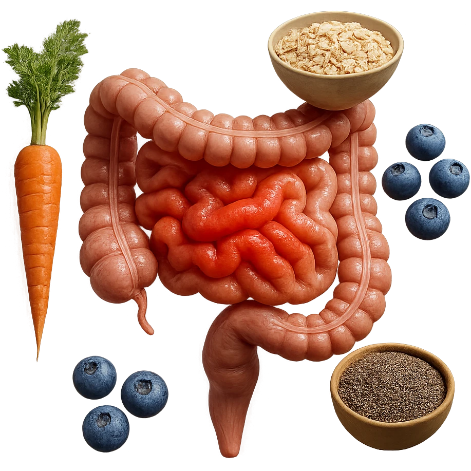 intestino umano anatomico infiammato al centro con carota, bowl di avena, mirtilli, bowl di semi di chia che gli fluttuano intorno , iperrealistico 4k emoji