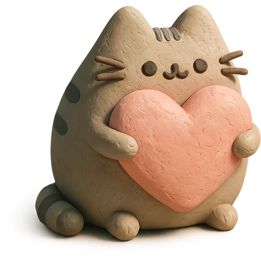 Pusheen hugging a big heart, pastel colors, adorable, claymation style emoji