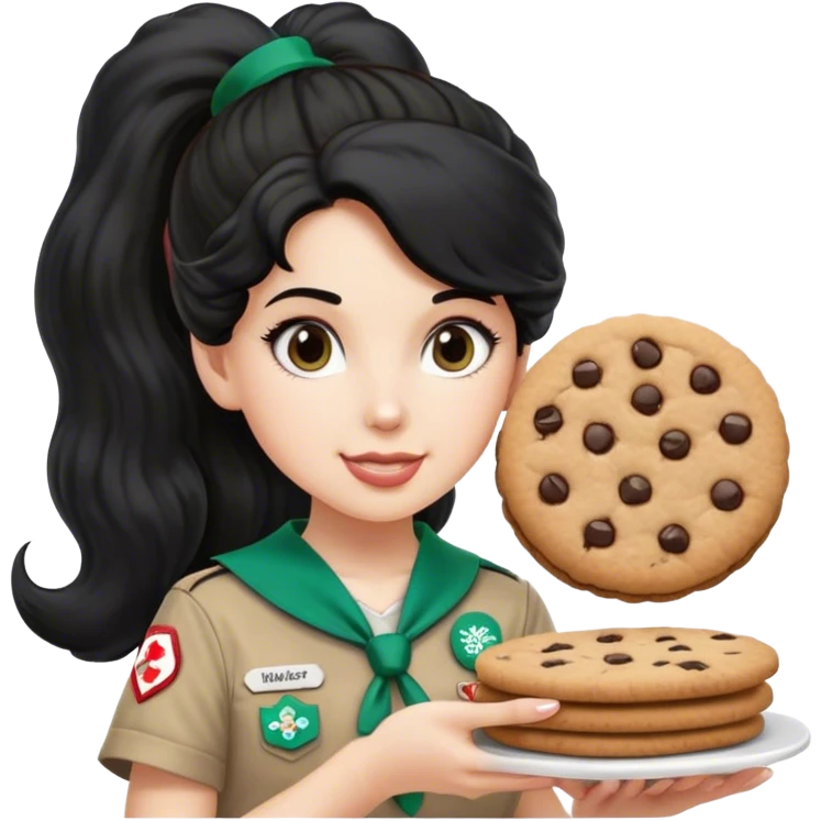 white girl scout selling cookie at Wendy’s big black hair on ponytail and Wendy’s logo emoji