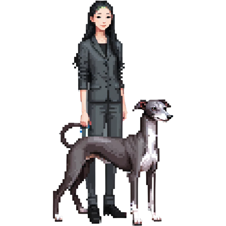 Slim Chinese girl with long black hair and her completely solid grey Italian greyhound in a cozy home setting with a fireplace, no white markings on the dog emoji