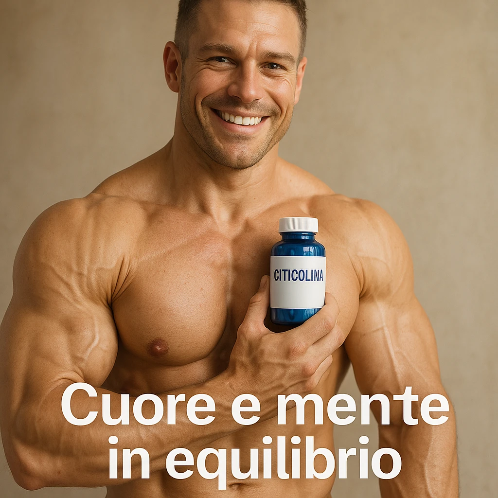 hyper realistic bodybuilder holding blue bottle of Citicolina near heart, well visible muscles, text 'Cuore e mente in equilibrio', positive atmosphere, realistic details emoji