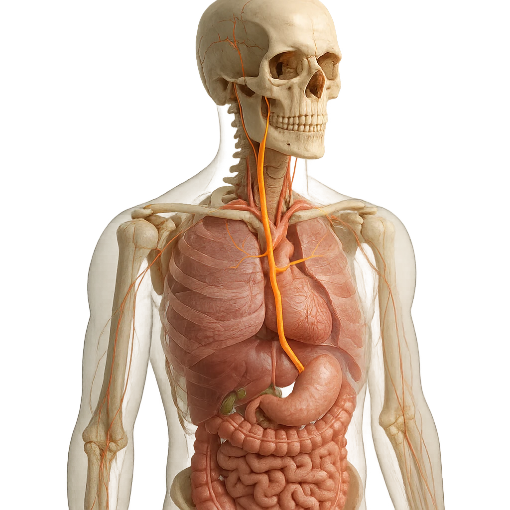 realistic 4K detailed anatomical image of the human body highlighting the vagus nerve, showing its precise path from the skull to the main organs, natural colors, transparency effect to reveal internal organs, clinical atmosphere, neutral background emoji