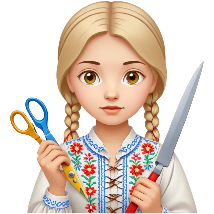 Ukrainian young girl in a white embroidered traditional shirt (vyshyvanka) holding scissors and colored cardboard emoji