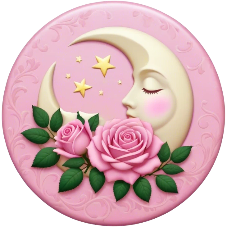 A round pink button with a light cream full damask moon and pink roses in the center emoji