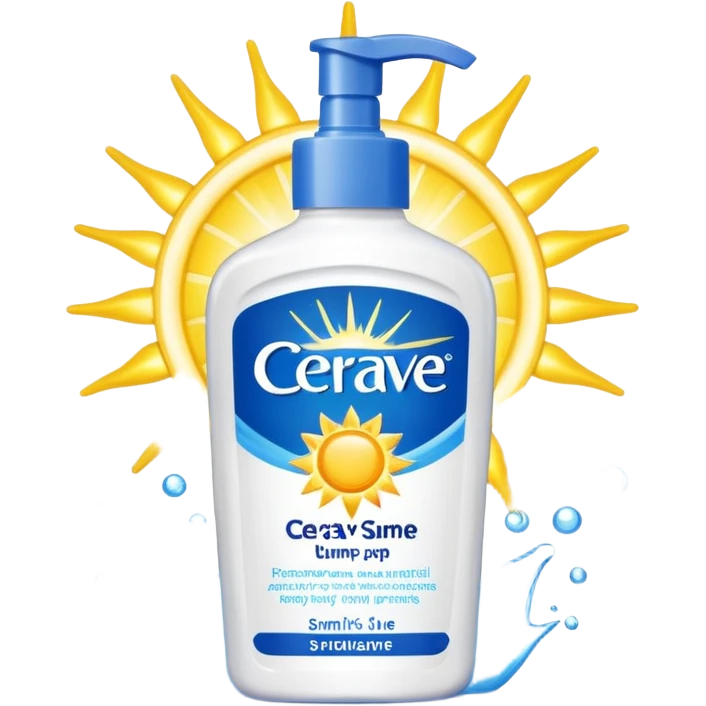 White CeraVe pump bottle with blue label and bright yellow  glow badge. Floating in golden morning light, encircled by radiant sunbeams and shimmering protective particles. Shield Glossy, potion-like, symbolizing daily moisture and powerful sun defense. emoji