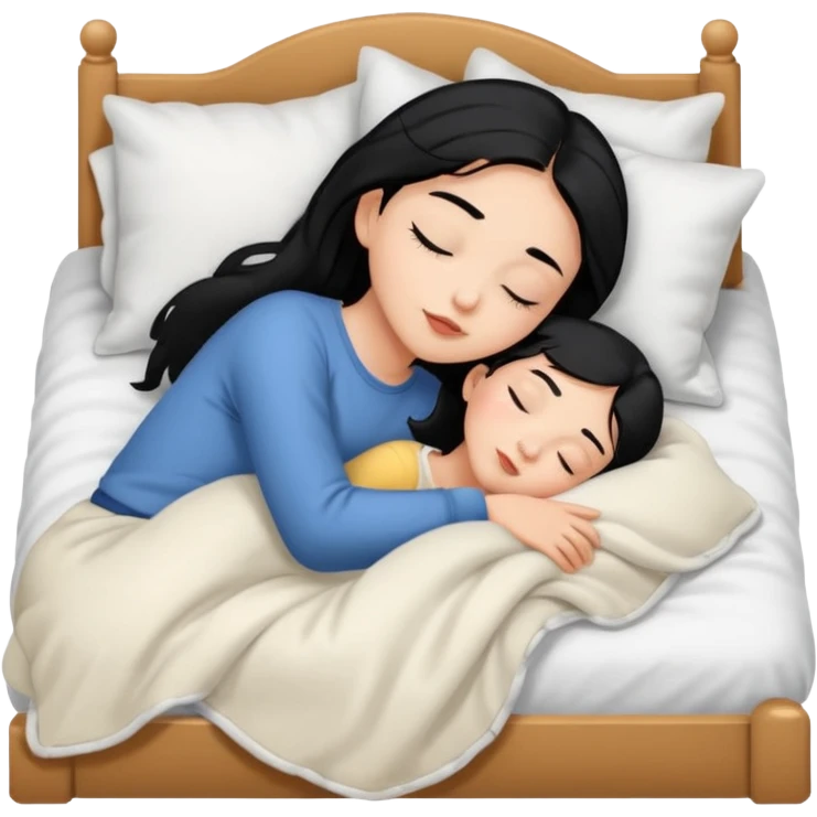 girl with black hair and light skin sleeping on a bed with a blanket onemoji emoji