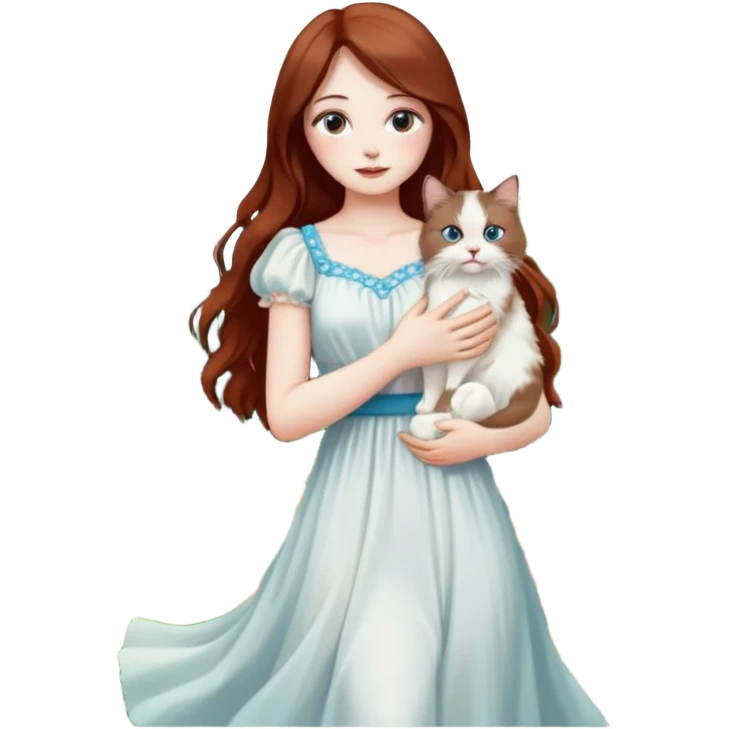 A woman with long dark auburn hair holding a white ragdoll cat in a garden full of flowers emoji