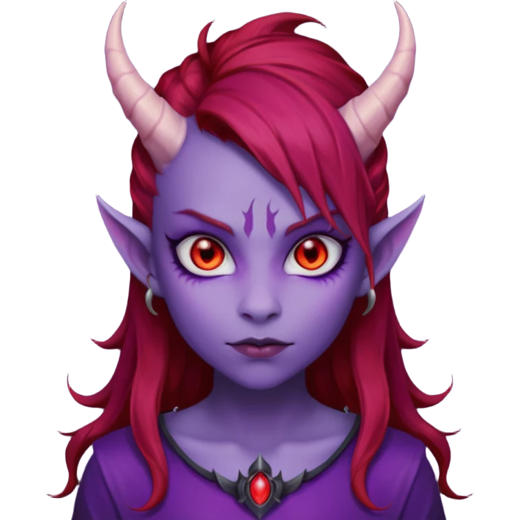 Demon Girl Purple Skin Dragon Horns Black Eyes Red Glowing Pupils Auburn Haired Red Shirt  emoji