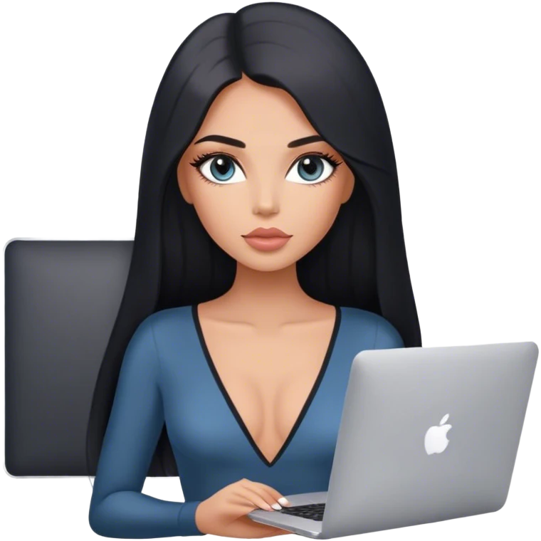 Glamours, tanned, very beautiful girl, with big pump peach-beige-rose lips, long lashes, black straight smooth silky long hair, straight parting hair, blue-grey eyes, in v-neck bodysuit holding MacBook emoji