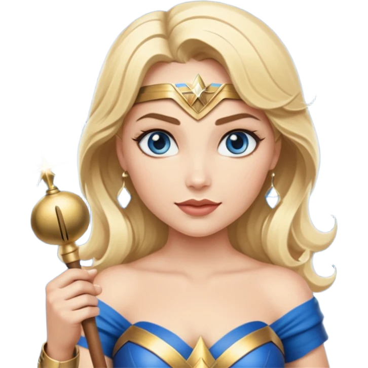 Blonde blue eyed Wonder Woman holding white orchestra conductor’s baton and bell  emoji