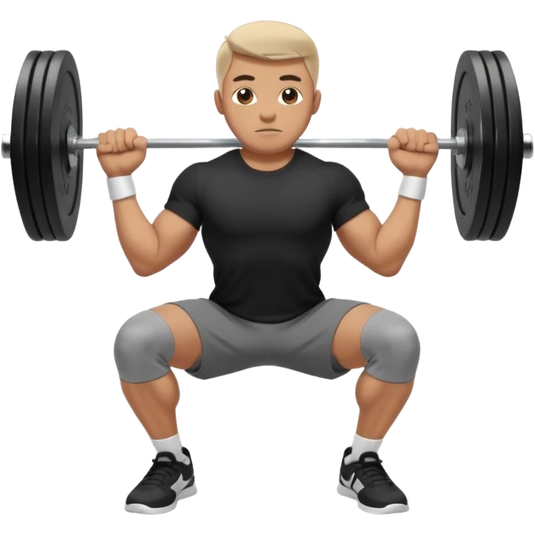 Hombre vestido con playera negra, pants gris y tenis blancos tipo jordan haciendo sentadilla libre con barra con un disco de 20 kilos por lado  emoji