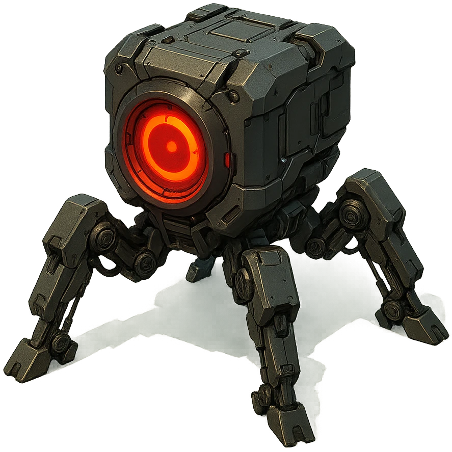 sci-fi control device with four mechanical legs and a bright red glowing circle in the middle, futuristic style emoji