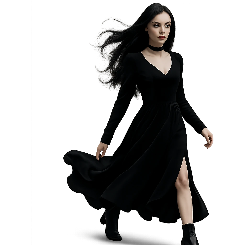 Change the image to a walking pose of a gothic girl mid-stride with a flowing dress. Preserve the transparent background. The style should remain gothic and elegant. emoji