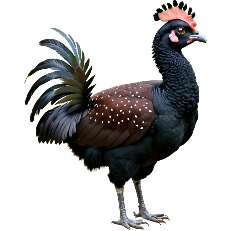A full-body image of a large, dark-colored bird resembling a curassow or guam, standing on a white background. The bird's body is predominantly a rich reddish-brown or chestnut color, with a pattern of fine white speckling or barring emoji