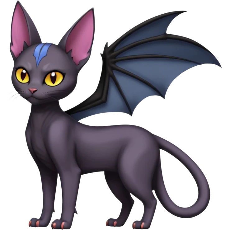 Black edgy Noibat-Litten-Sphynx-Lykoi-Caracal-cat-Fakemon full-body emoji