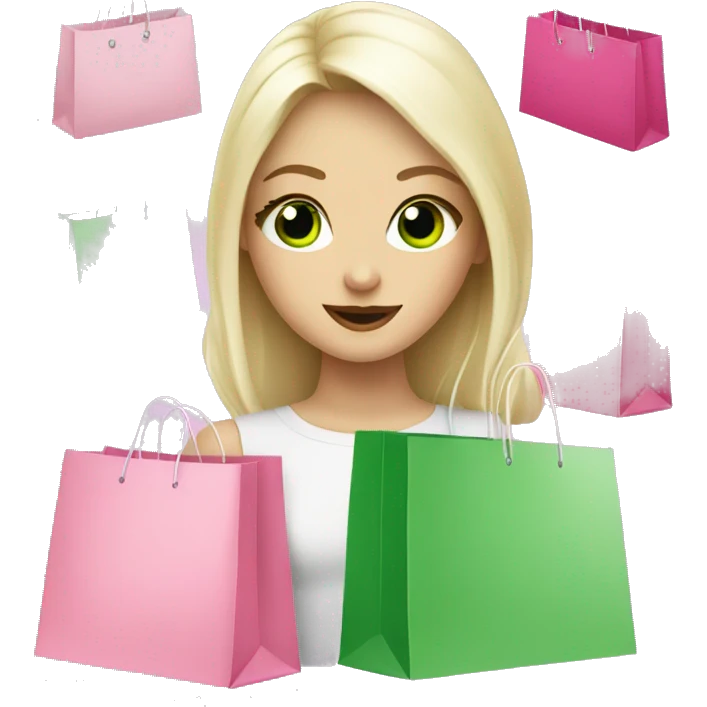 cute platinum blonde with green eyes surrounded by pink shopping bags emoji